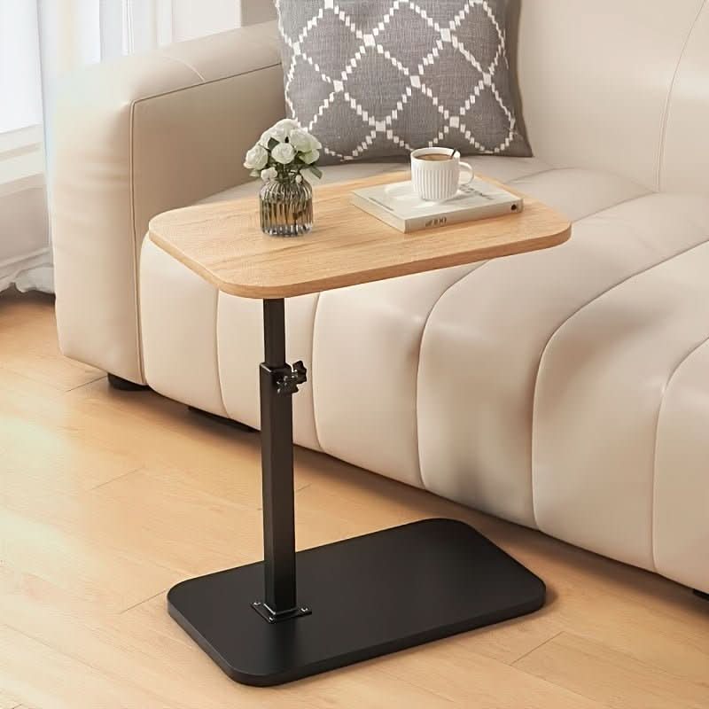 Height Adjustable C-Shape Side Table With Wood Surface And Metal Frame