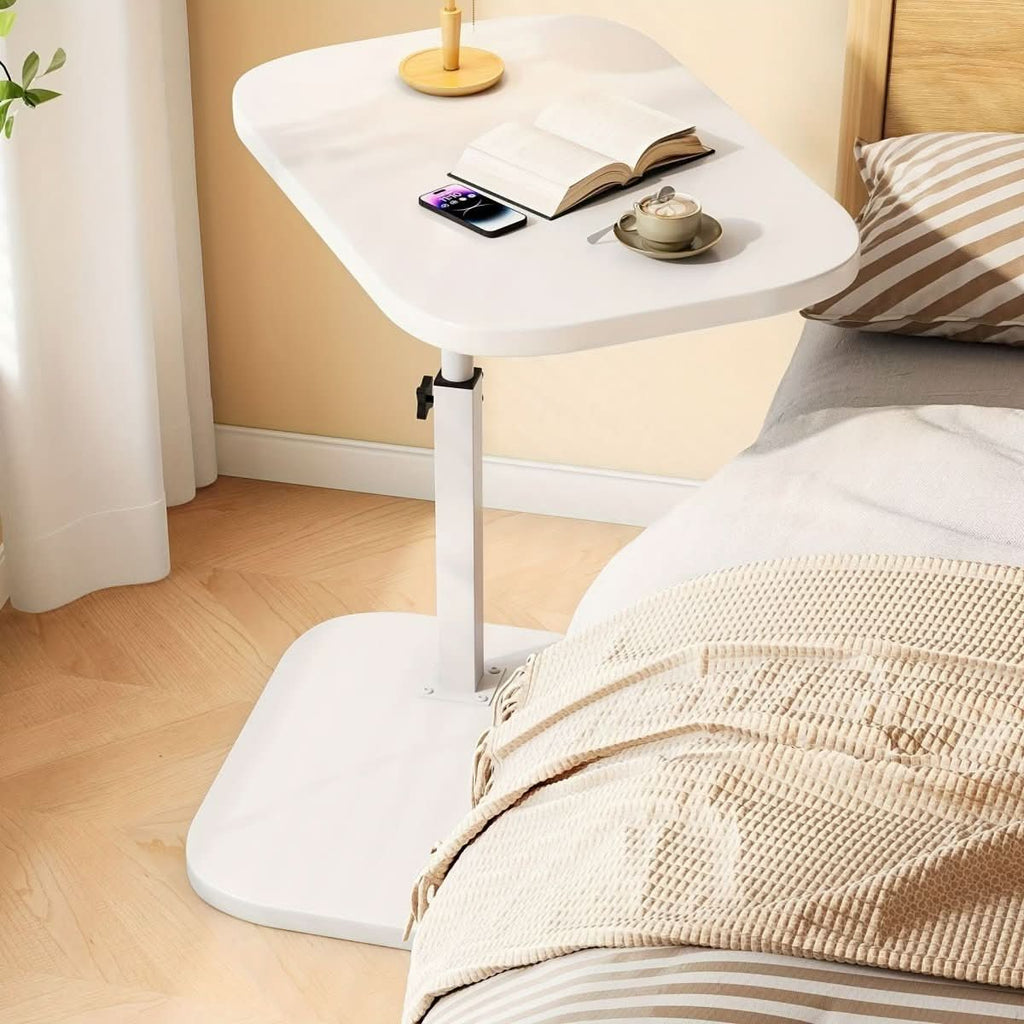 Height Adjustable C-Shape Side Table With Wood Surface And Metal Frame