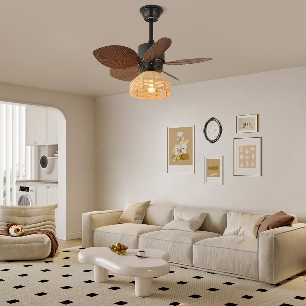 Tropical Ceiling Fan With Lighting, Rattan Finish, Diameter 76 Cm, Adjustable Speeds