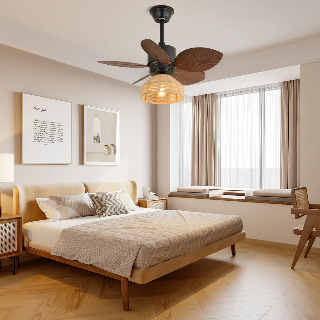 Tropical Ceiling Fan With Lighting, Rattan Finish, Diameter 76 Cm, Adjustable Speeds