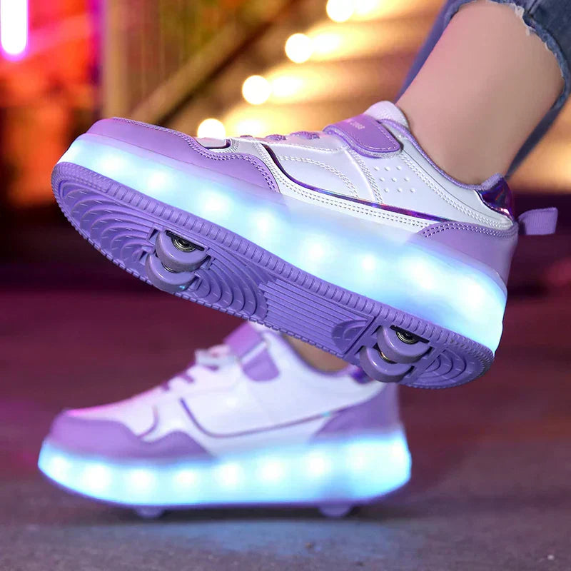 Kids Adjustable LED Roller Skates In Pink Purple Size 30-38 Orthopedic