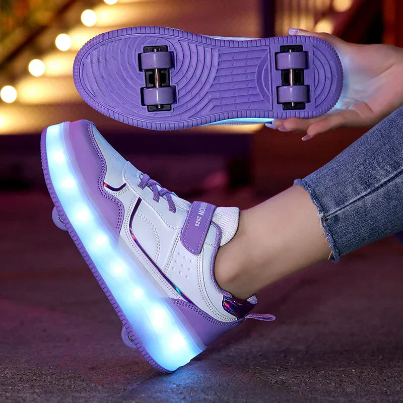 Kids Adjustable LED Roller Skates In Pink Purple Size 30-38 Orthopedic