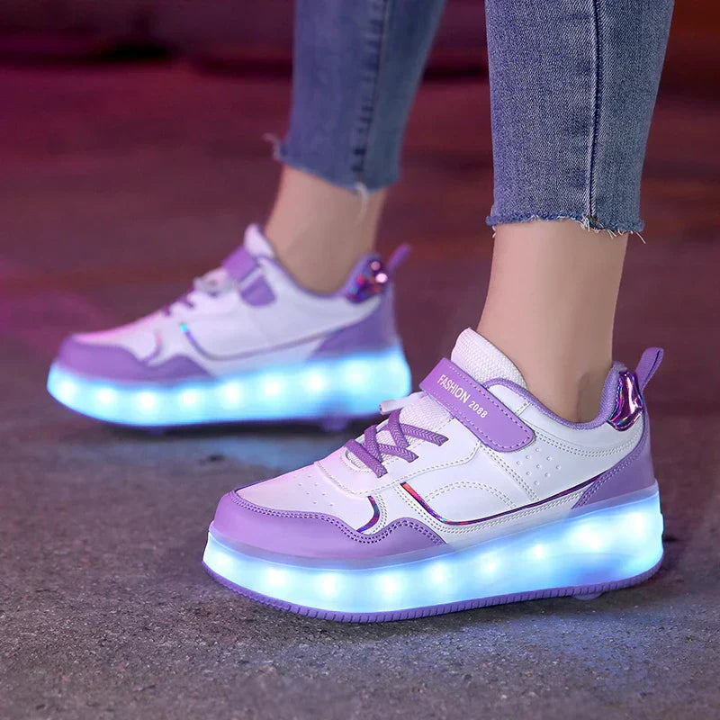 Kids Adjustable LED Roller Skates In Pink Purple Size 30-38 Orthopedic