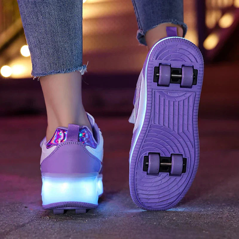 Kids Adjustable LED Roller Skates In Pink Purple Size 30-38 Orthopedic