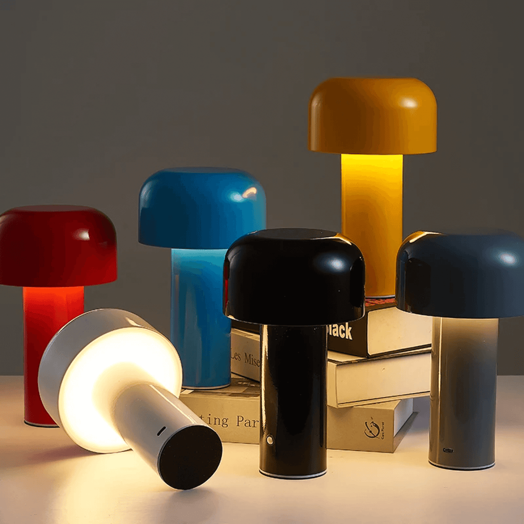 LumaNook Nightstand Lamp With Cordless Mushroom Design In Iron And Clear Acrylic