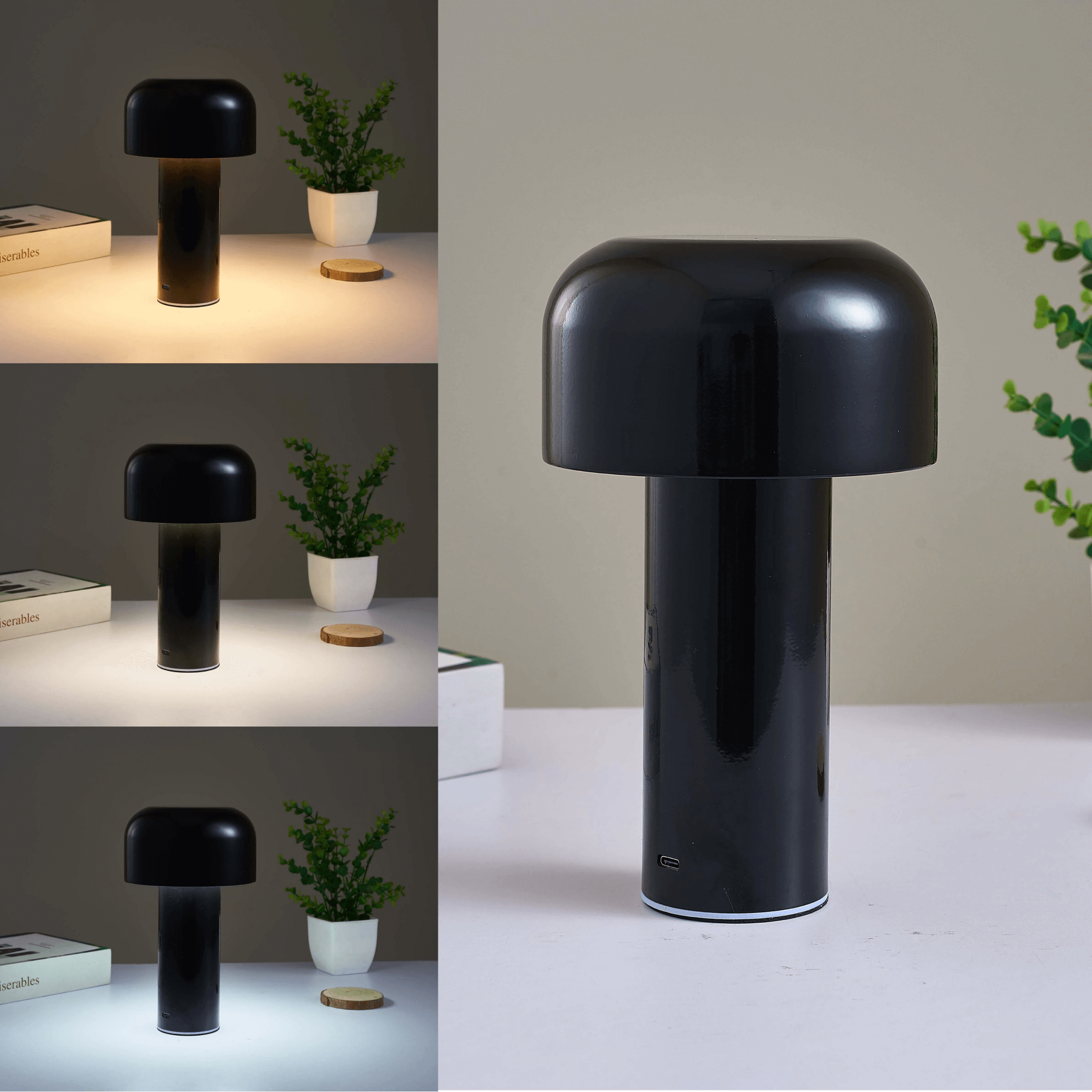 LumaNook Nightstand Lamp With Cordless Mushroom Design In Iron And Clear Acrylic