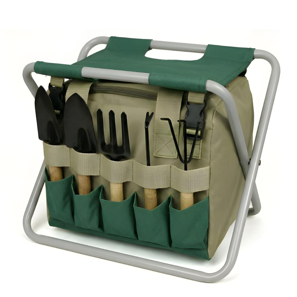 Six-Piece Garden Tool Kit With Foldable Stool And Carrying Bag