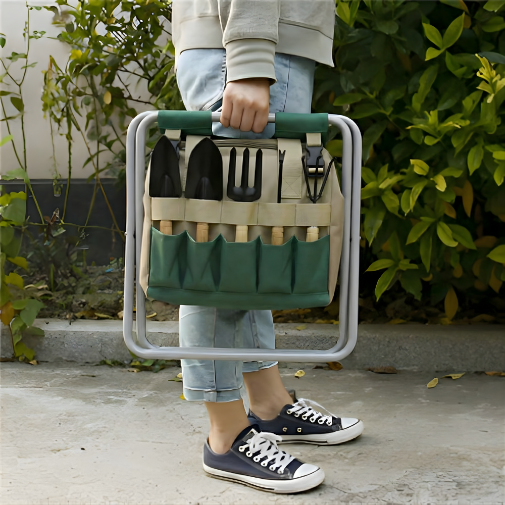 Six-Piece Garden Tool Kit With Foldable Stool And Carrying Bag
