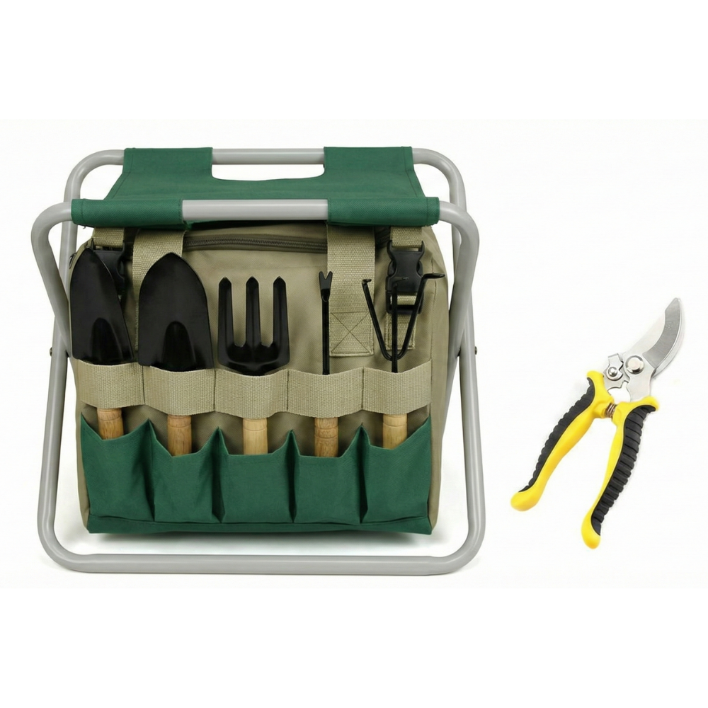 Six-Piece Garden Tool Kit With Foldable Stool And Carrying Bag