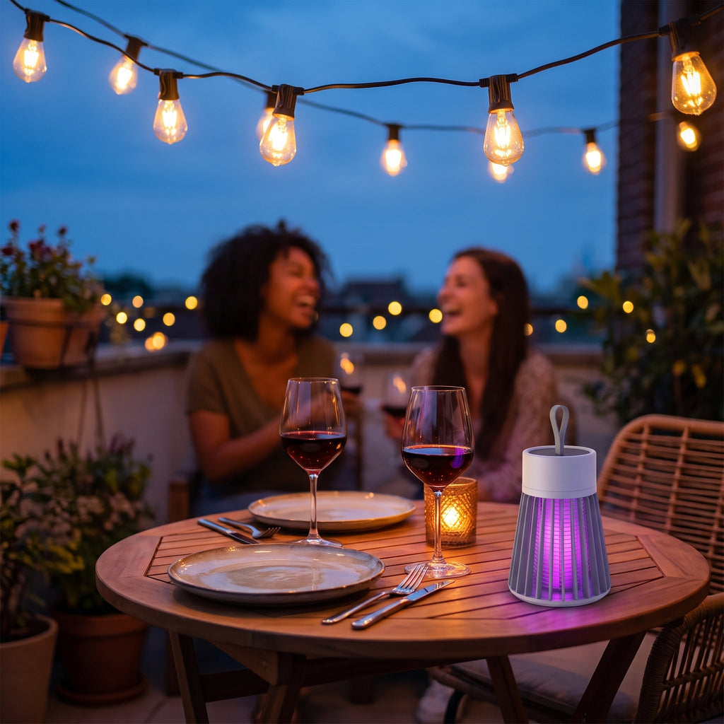 Armadilha elétrica UV para mosquitos — ventoinha de sucção de ar a 360°, bateria USB recarregável, menos de 30 dB, até 50 m²
