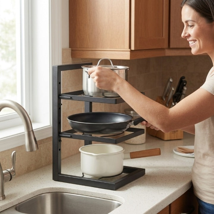 Adjustable-Height Freestanding Pot and Pan Rack — Tiered Kitchen Organizer