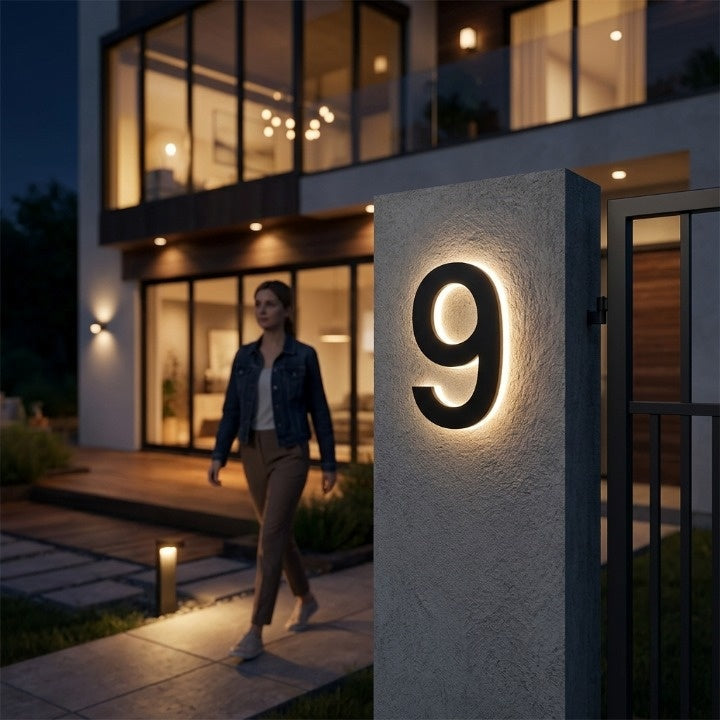 Bakgrundsbelyst husnummer — Modern LED-skylt med varmvit belysning