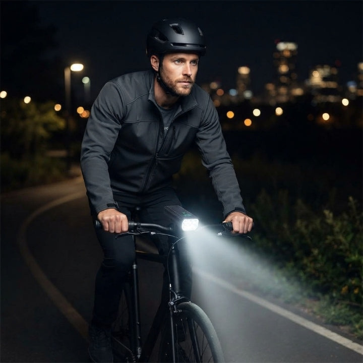 Luz LED para bicicleta — 5000 lúmenes, 12 LEDs, bateria USB-C de 10,000 mAh e visor digital da hora