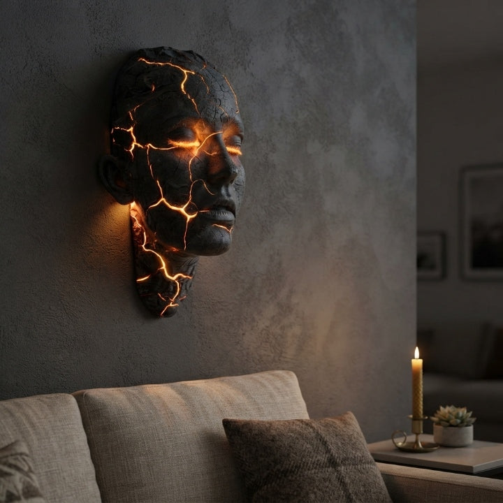 مصباح حائطي LED على شكل منحوتة وجه — تفصيل شق متوهج بإضاءة دافئة