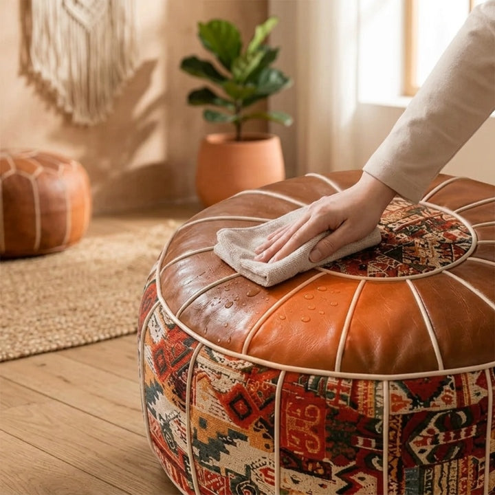 Taburet z umělé kůže s patchworkovým vzorem kilim — bohémský sedák s úložným prostorem
