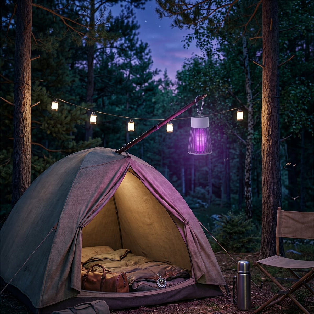 Armadilha elétrica UV para mosquitos — ventoinha de sucção de ar a 360°, bateria USB recarregável, menos de 30 dB, até 50 m²