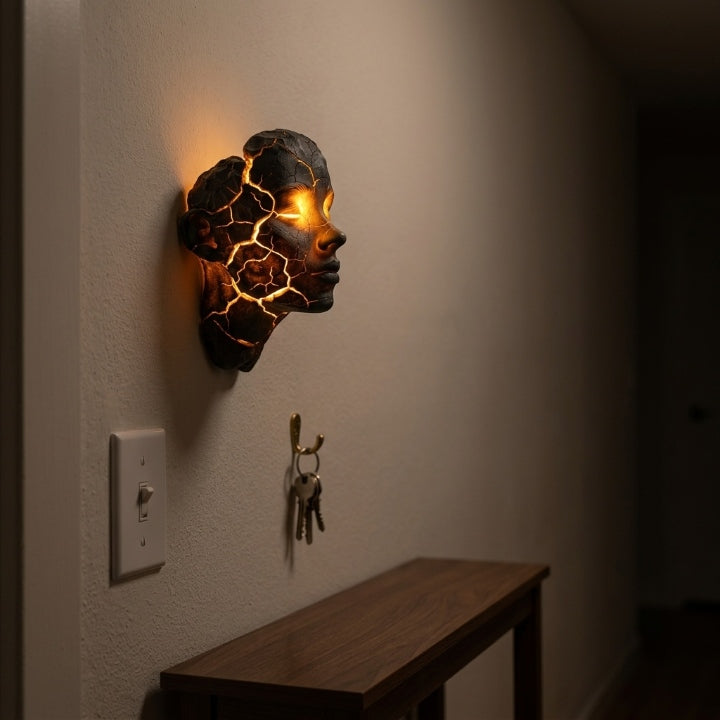 مصباح حائطي LED على شكل منحوتة وجه — تفصيل شق متوهج بإضاءة دافئة