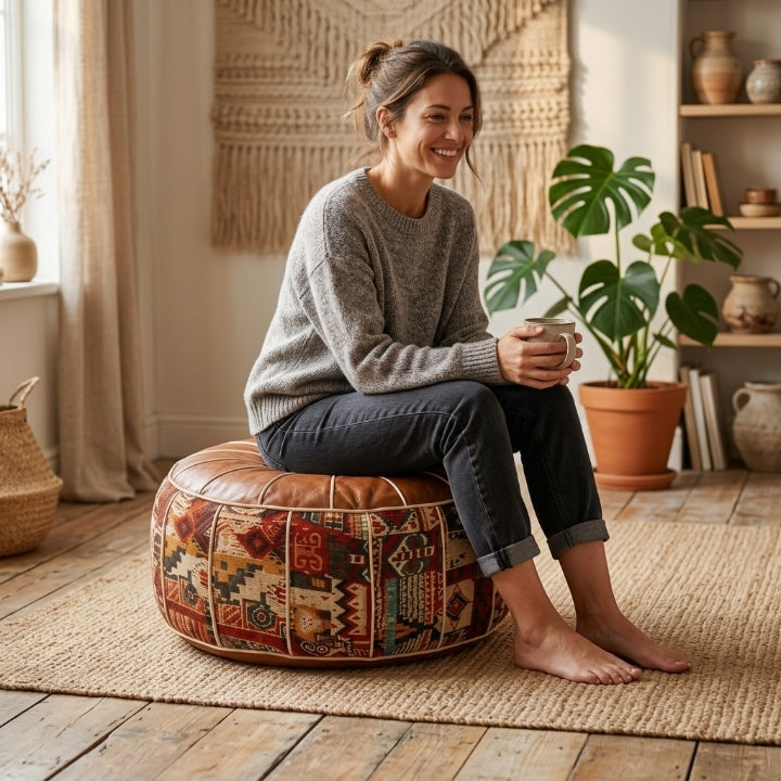 Taburet z umělé kůže s patchworkovým vzorem kilim — bohémský sedák s úložným prostorem