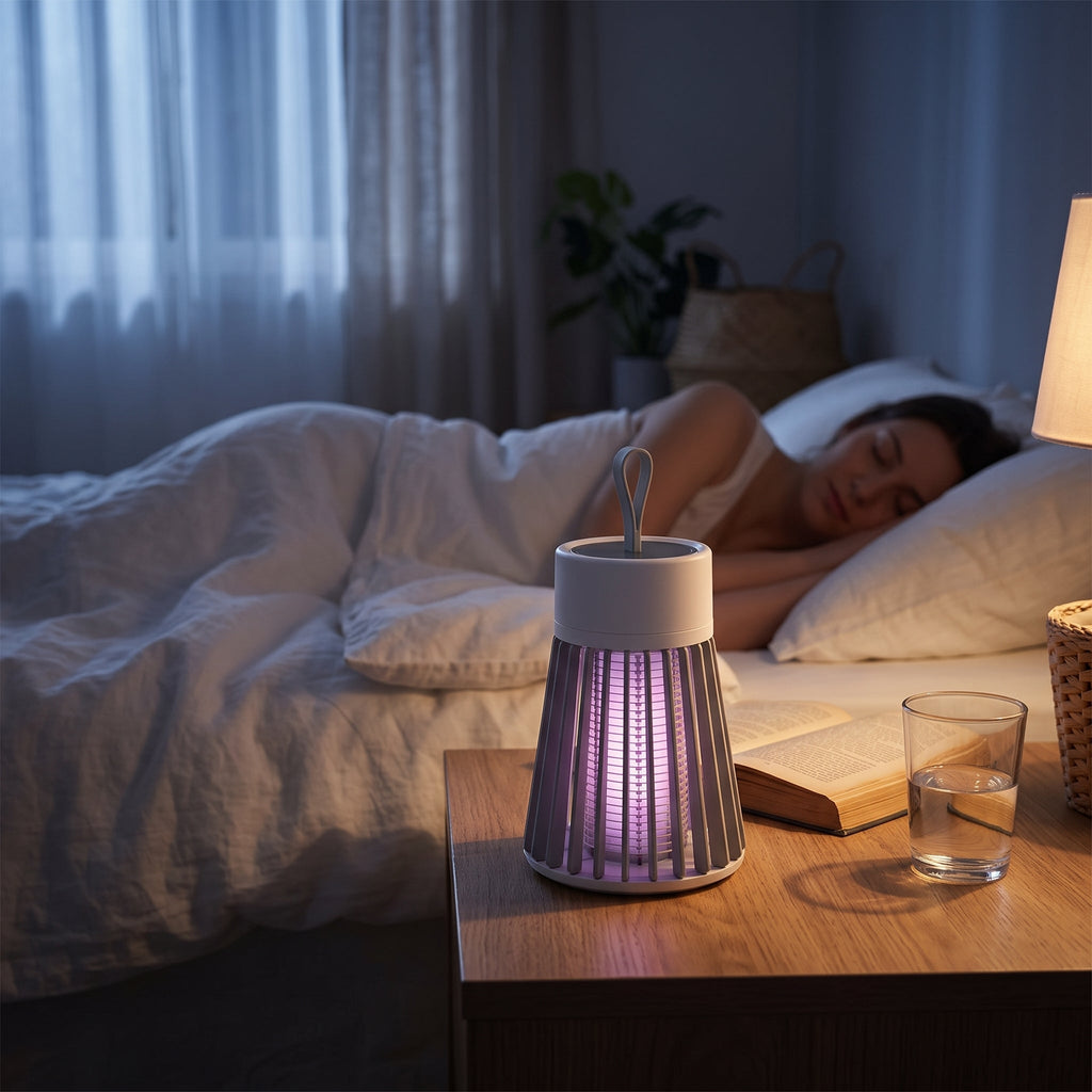 Armadilha elétrica UV para mosquitos — ventoinha de sucção de ar a 360°, bateria USB recarregável, menos de 30 dB, até 50 m²