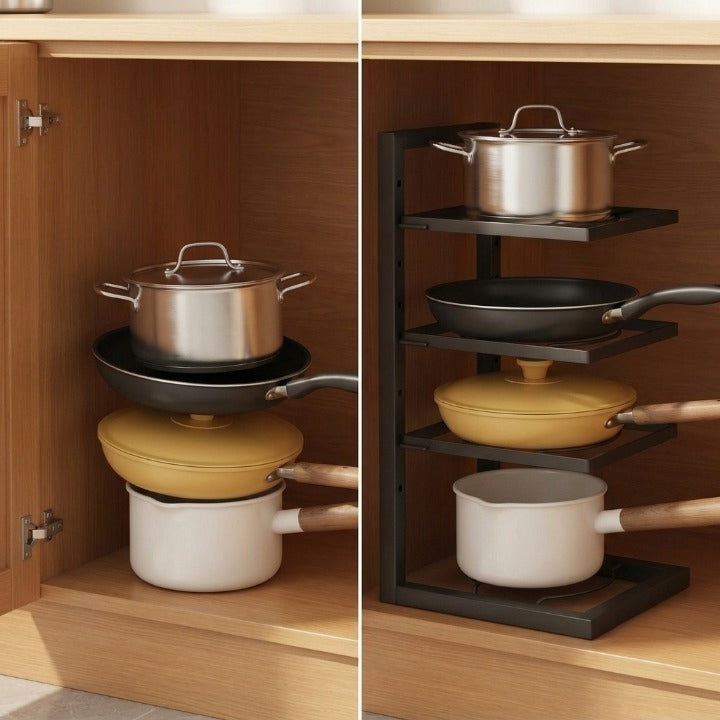 Adjustable-Height Freestanding Pot and Pan Rack — Tiered Kitchen Organizer
