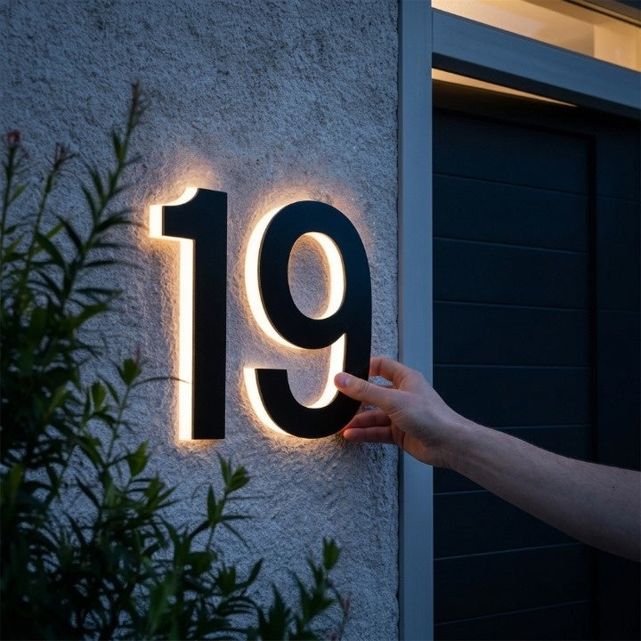 Bakgrundsbelyst husnummer — Modern LED-skylt med varmvit belysning