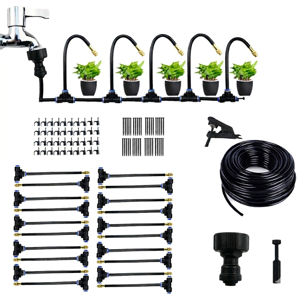 Garden Misting System With 20 Meters And 20 Adjustable Copper Nozzles Toolless Setup