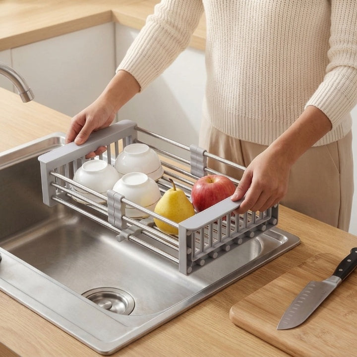 Scolapiatti espandibile in acciaio inox per lavello - Supporti antiscivolo in ABS
