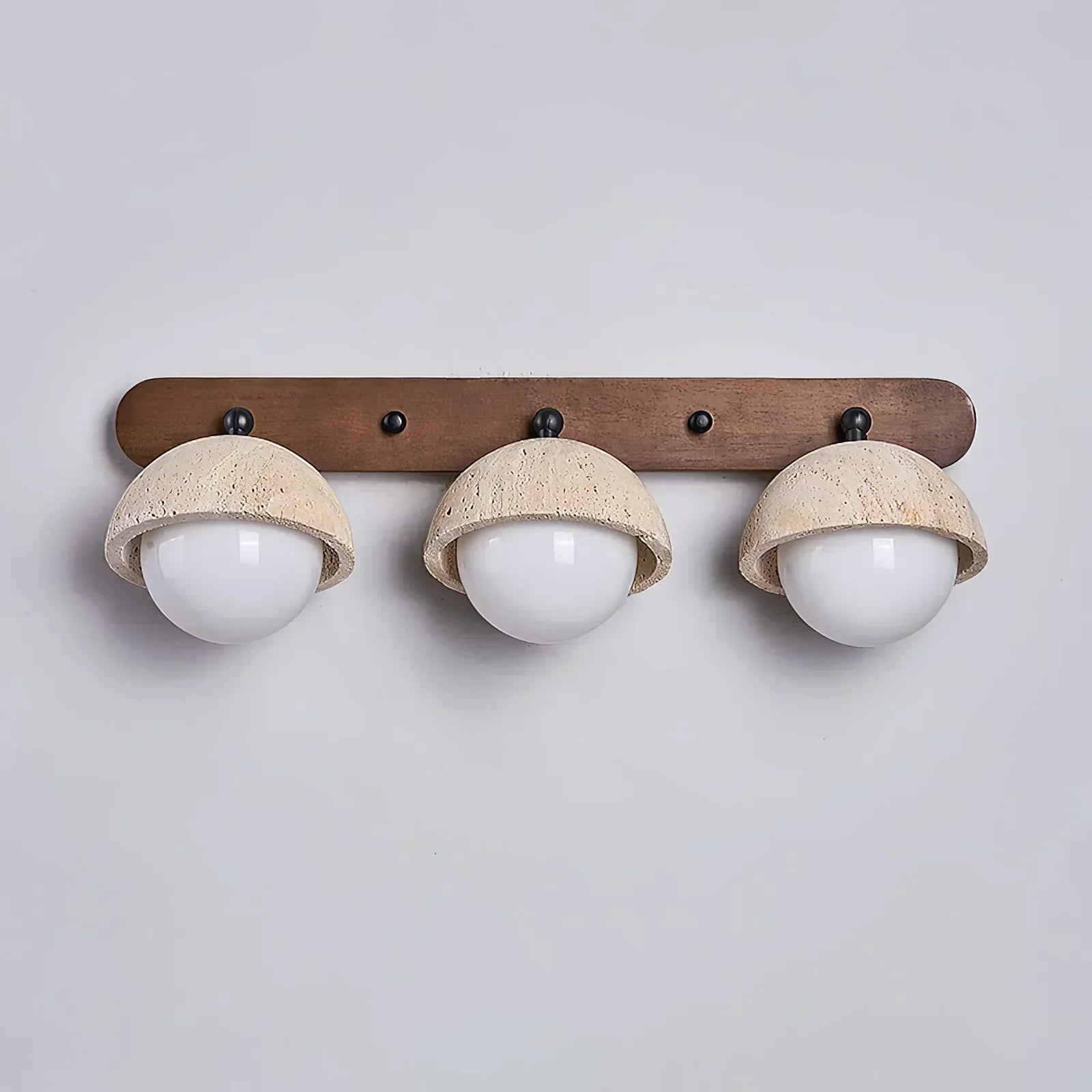 Indoor Travertine And Rustic Wood Wall Light With Glass Shades For Home Interiors And Living Areas