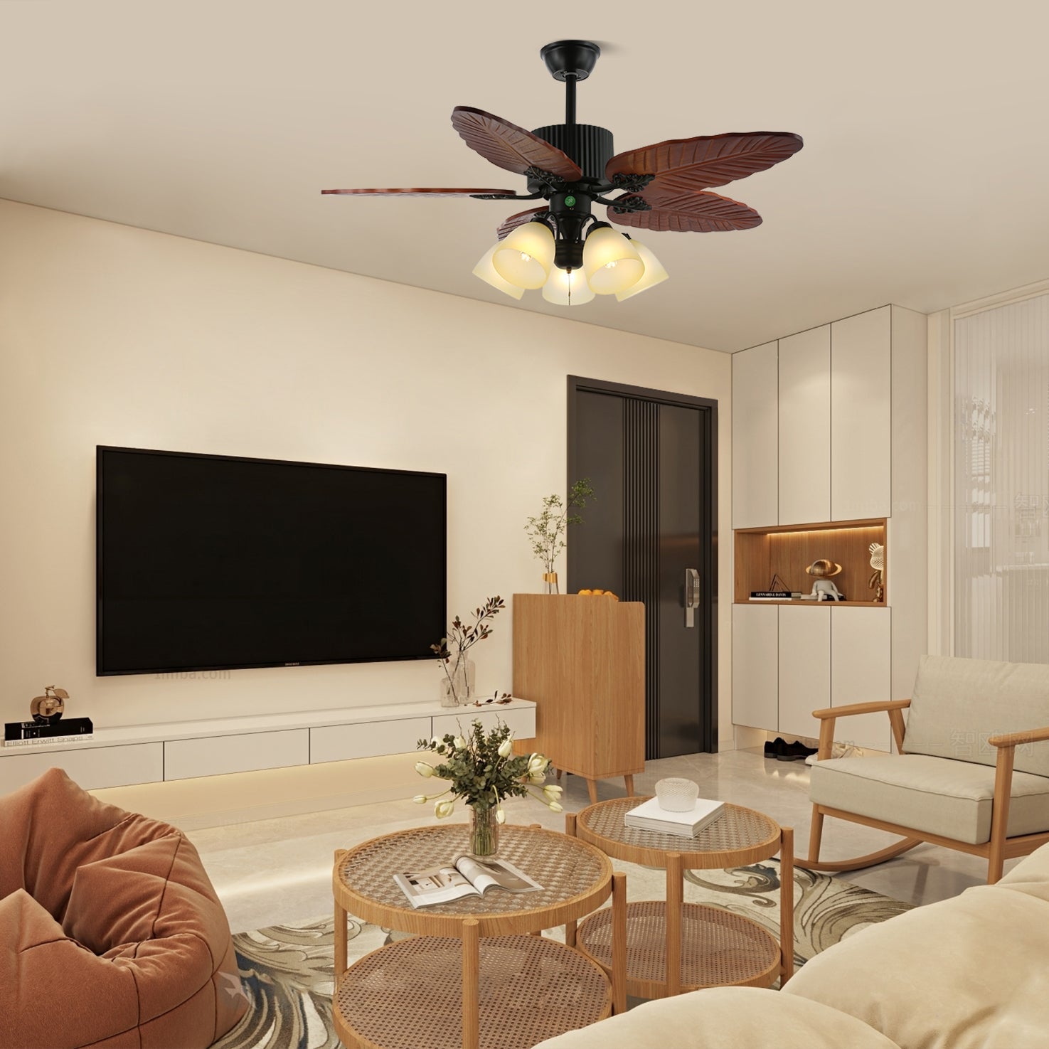 Ceiling Fan In Tropical Style With Light And Remote Control Glass Shade