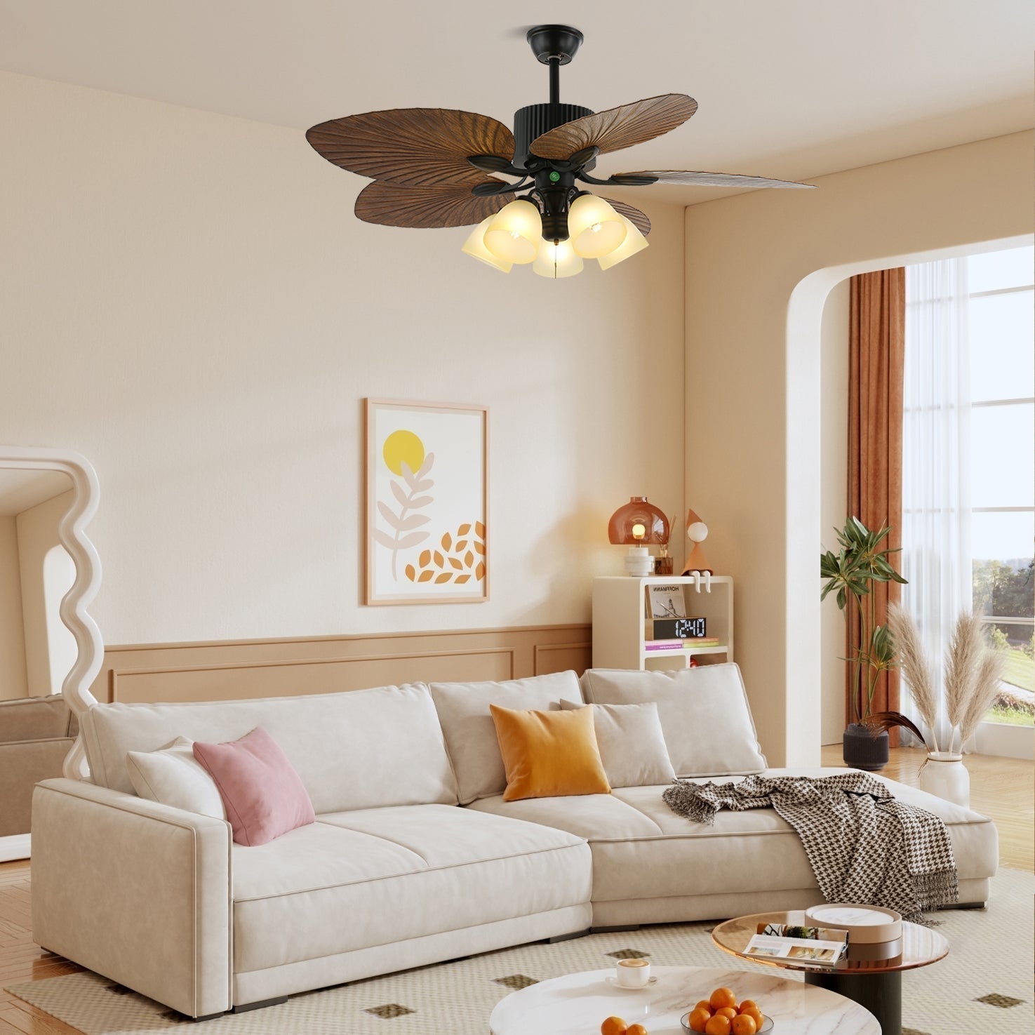 Tropical Wooden Ceiling Fan With Lighting And Six Speeds Remote Control