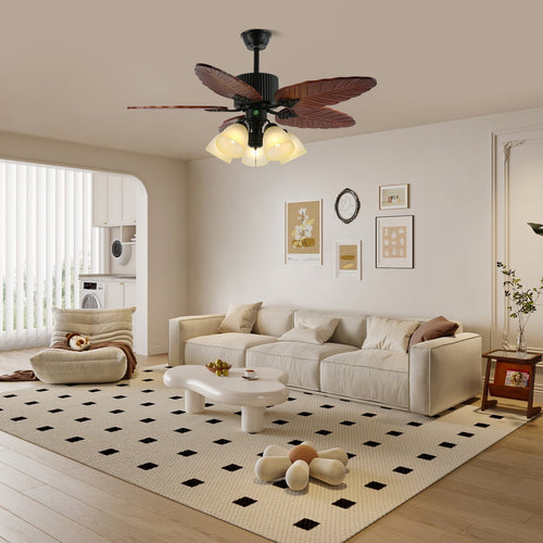 Stropní ventilátor v tropickém stylu se světlem a dálkovým ovládáním, skleněný stínidlo