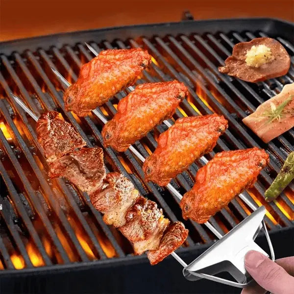 3-delars grillspett i rostfritt stål — dubbla spetsar med skjutbar skrapa