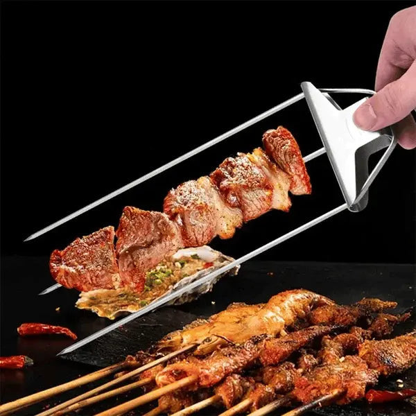 3-delars grillspett i rostfritt stål — dubbla spetsar med skjutbar skrapa