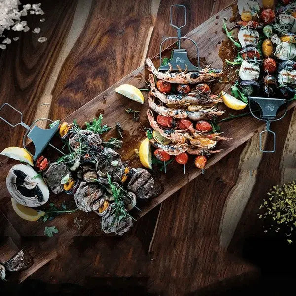 3-delars grillspett i rostfritt stål — dubbla spetsar med skjutbar skrapa