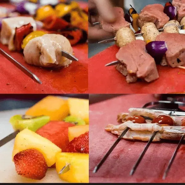 3-delars grillspett i rostfritt stål — dubbla spetsar med skjutbar skrapa