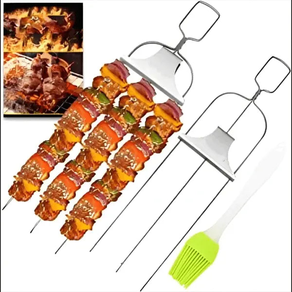3-delars grillspett i rostfritt stål — dubbla spetsar med skjutbar skrapa