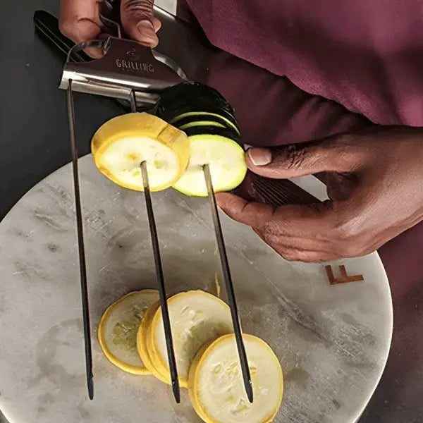 3-delars grillspett i rostfritt stål — dubbla spetsar med skjutbar skrapa