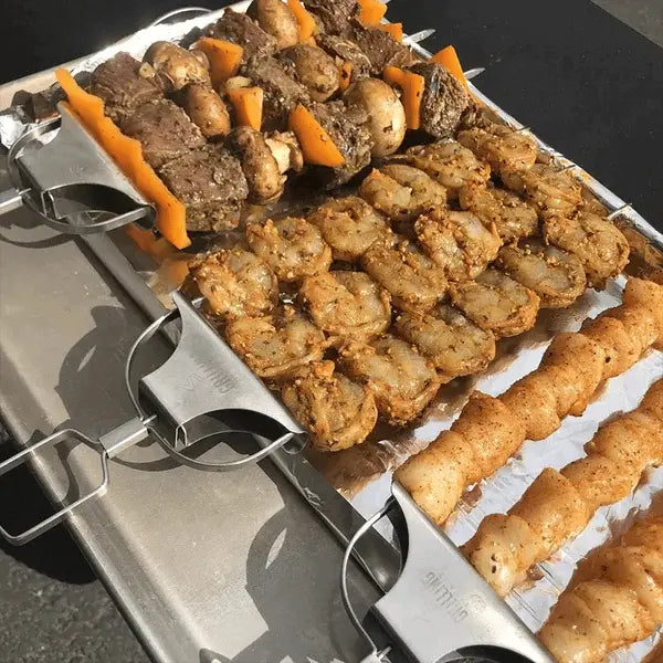3-delars grillspett i rostfritt stål — dubbla spetsar med skjutbar skrapa