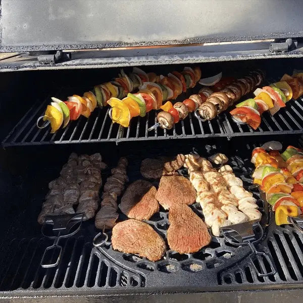3-delars grillspett i rostfritt stål — dubbla spetsar med skjutbar skrapa