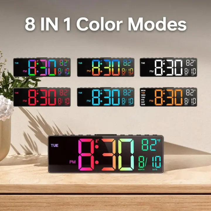 Large RGB LED Digital Wall Clock — Multicolor Display, Date and Weekday, Subtle Night Light
