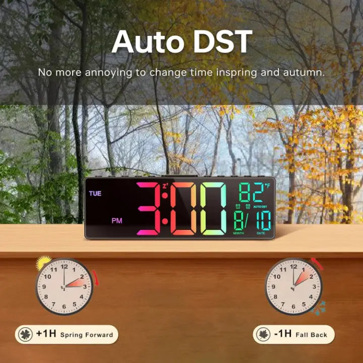 Large RGB LED Digital Wall Clock — Multicolor Display, Date and Weekday, Subtle Night Light