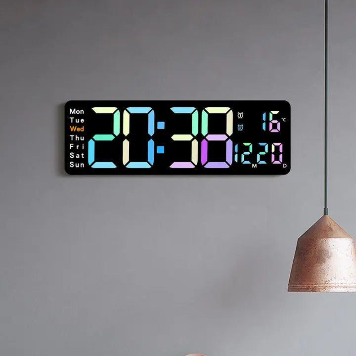 Large RGB LED Digital Wall Clock — Multicolor Display, Date and Weekday, Subtle Night Light