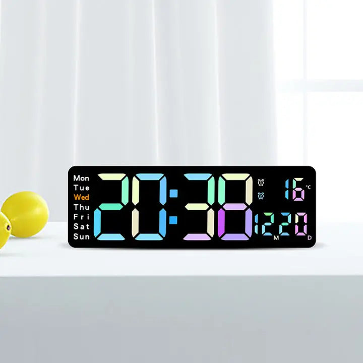 Large RGB LED Digital Wall Clock — Multicolor Display, Date and Weekday, Subtle Night Light