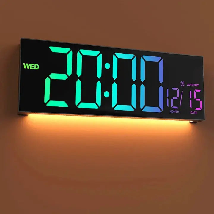 Large RGB LED Digital Wall Clock — Multicolor Display, Date and Weekday, Subtle Night Light