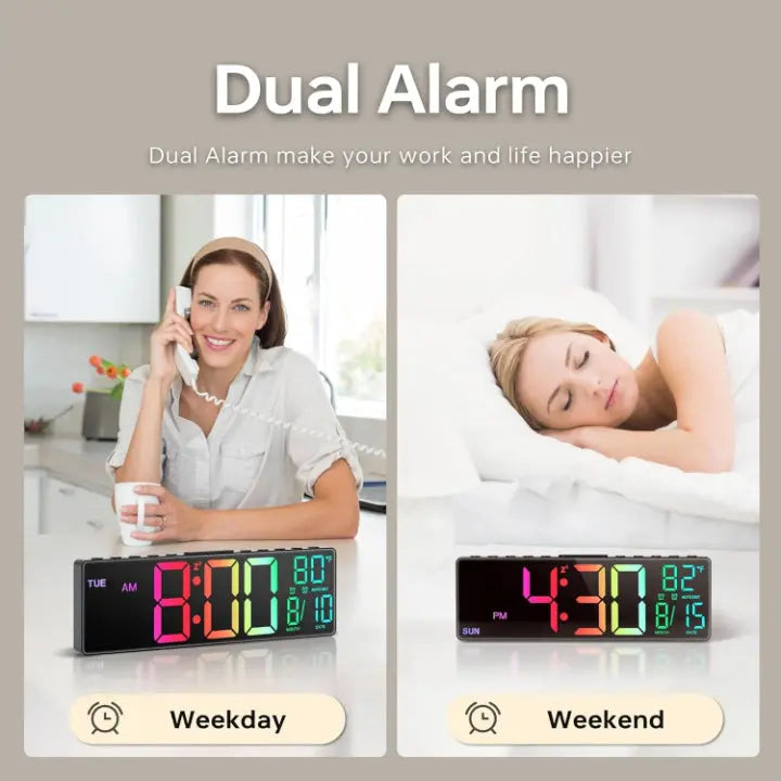 Large RGB LED Digital Wall Clock — Multicolor Display, Date and Weekday, Subtle Night Light