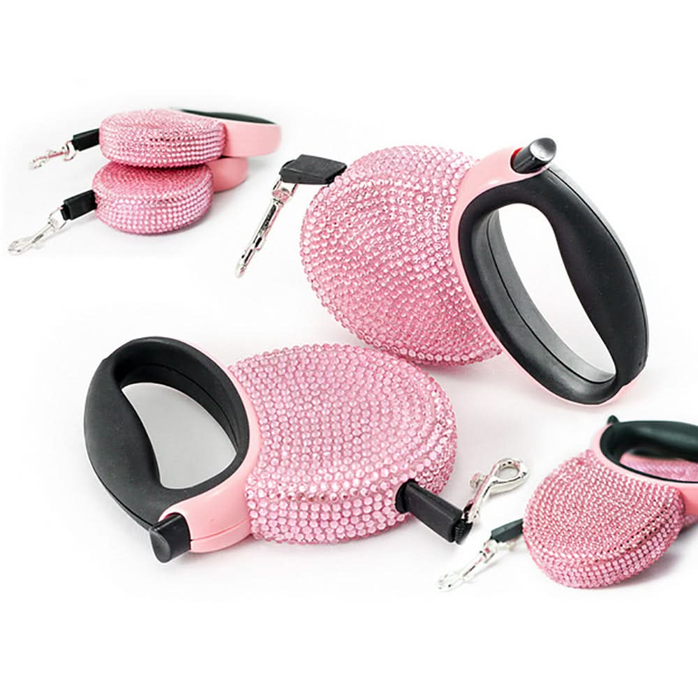 GlimmerPaw Luxury Retractable Leash — Rhinestone Trim, Smooth Retracting Handle