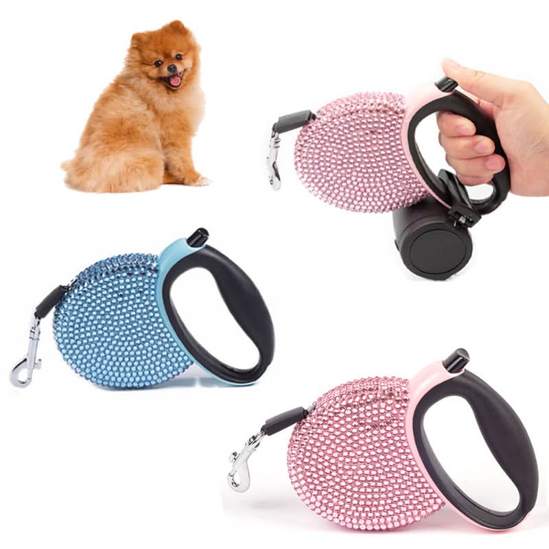 GlimmerPaw Luxury Retractable Leash — Rhinestone Trim, Smooth Retracting Handle