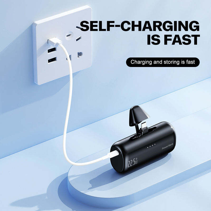 Transportabel powerbank — indbygget Lightning-stik til iPhone og USB-enheder