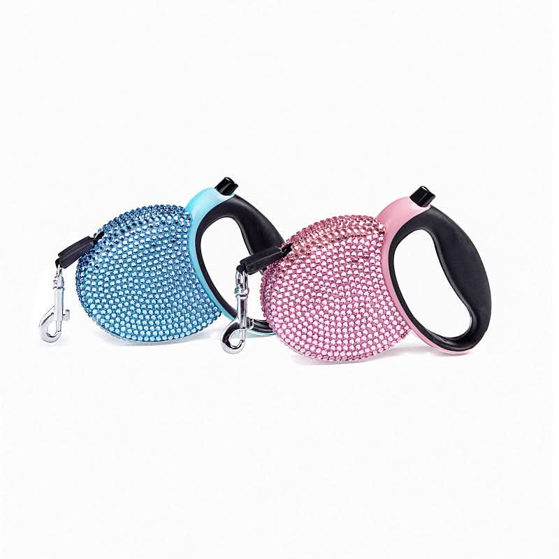 GlimmerPaw Luxury Retractable Leash — Rhinestone Trim, Smooth Retracting Handle