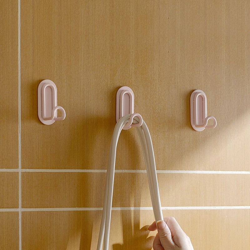 Pink Metal Self-Adhesive Wall Hook Dual Coat Hanger No Drilling